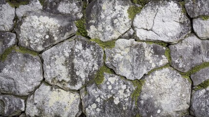 Close-up of a weathered stone wall with moss growing in the crevices