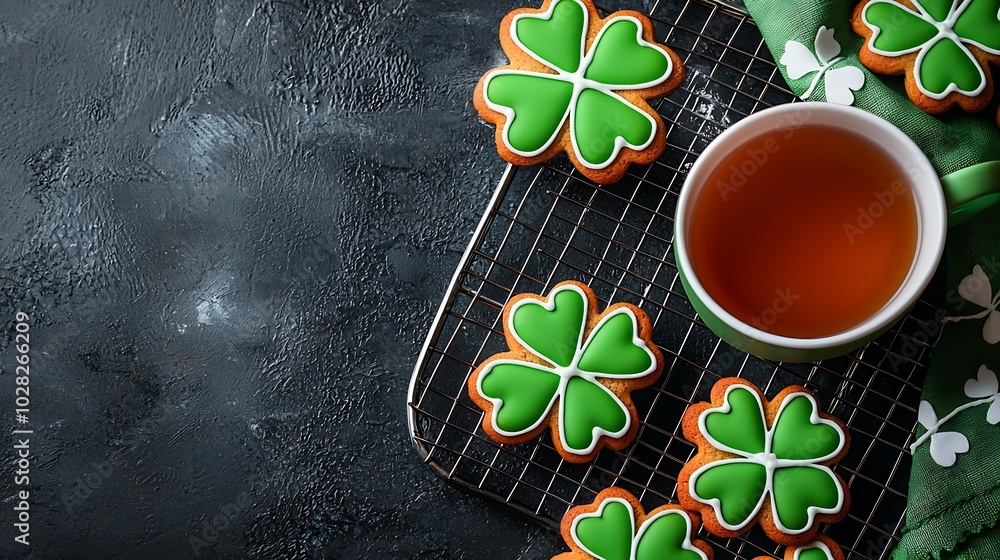 Poster Shamrock cookies on cooling rack with cup of tea St Patricks Day dessert Grey background Top view : Generative AI