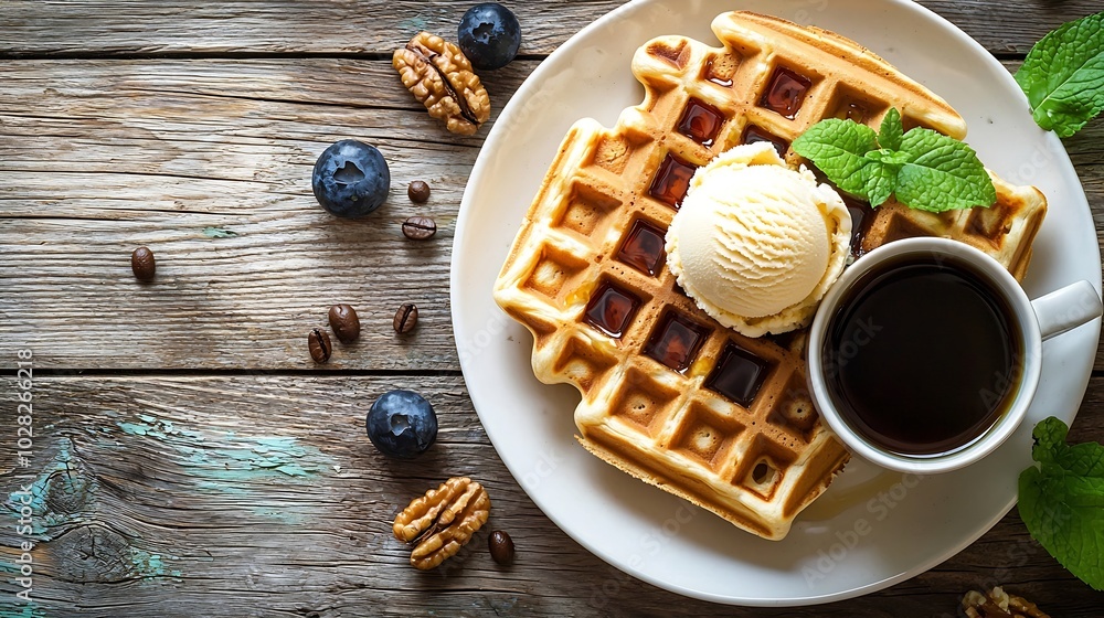 Poster whole wheat waffles with ice cream maple syrup and coffee wooden background close up : generative ai