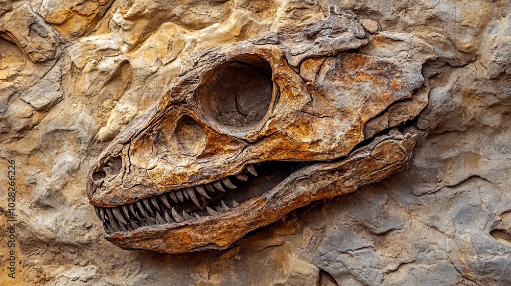 Poster fossilized dinosaur skull embedded in rock