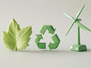 2408 85.A detailed 3D set of environmental icons featuring a green leaf, a recycling symbol, and a wind turbine. The icons are rendered in a bright green color palette, symbolizing eco-friendly