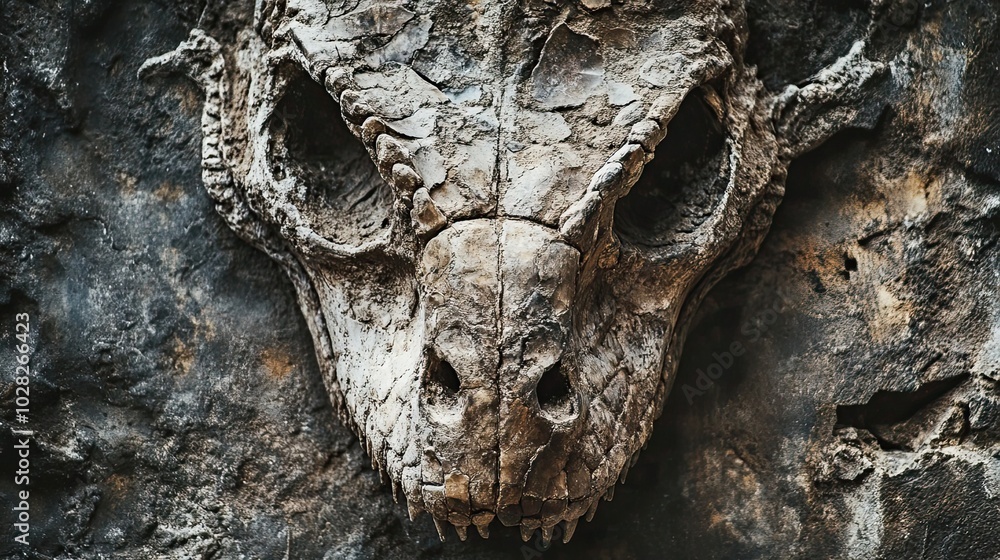 Poster close-up of a fossilized dinosaur skull with visible teeth
