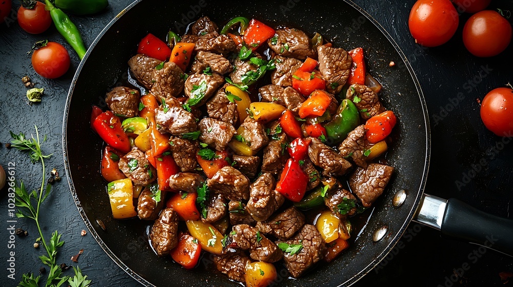Poster beef and vegetables stir fry in a pan dark background close up top view : generative ai