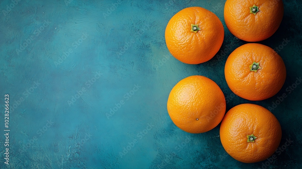 Poster fresh oranges on blue background top view copy space : generative ai