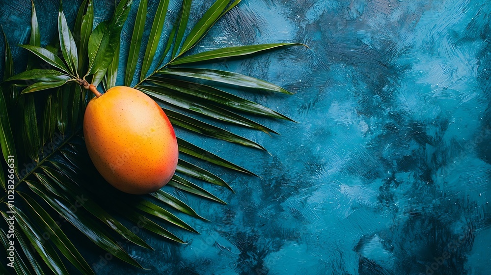 Poster fresh mango on a palm leaf blue background top view : generative ai