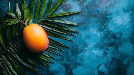 Fototapeta premium Fresh mango on a palm leaf Blue background Top view : Generative AI