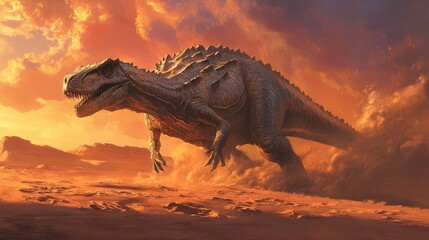 A massive dinosaur-like creature roaming through a dramatic, fiery landscape at sunset.