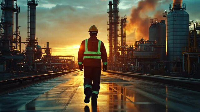 Industrial worker at refinery sunset, reflective gear, oil smoke, moody sky, wet pavement, silhouette, engineering scene. Video AI.