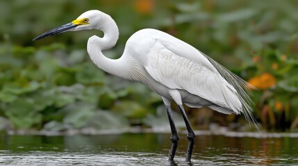 Naklejka premium Great White Egret Bird Standing in a Lake with Green Background