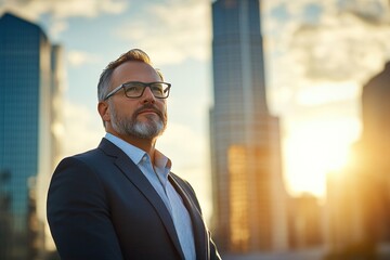 Portrait of a visionary business leader standing against a backdrop of a city skyline, thoughtful expression, wearing business attire, exuding success and leadership