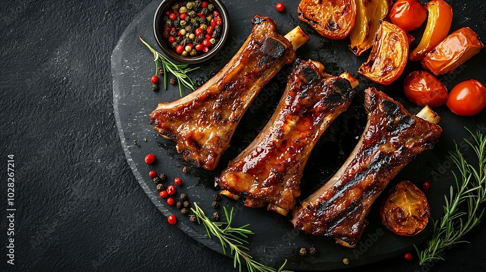 Poster lamb ribs grilled on cutting board with roasted vegetables black background top view copy space : ge