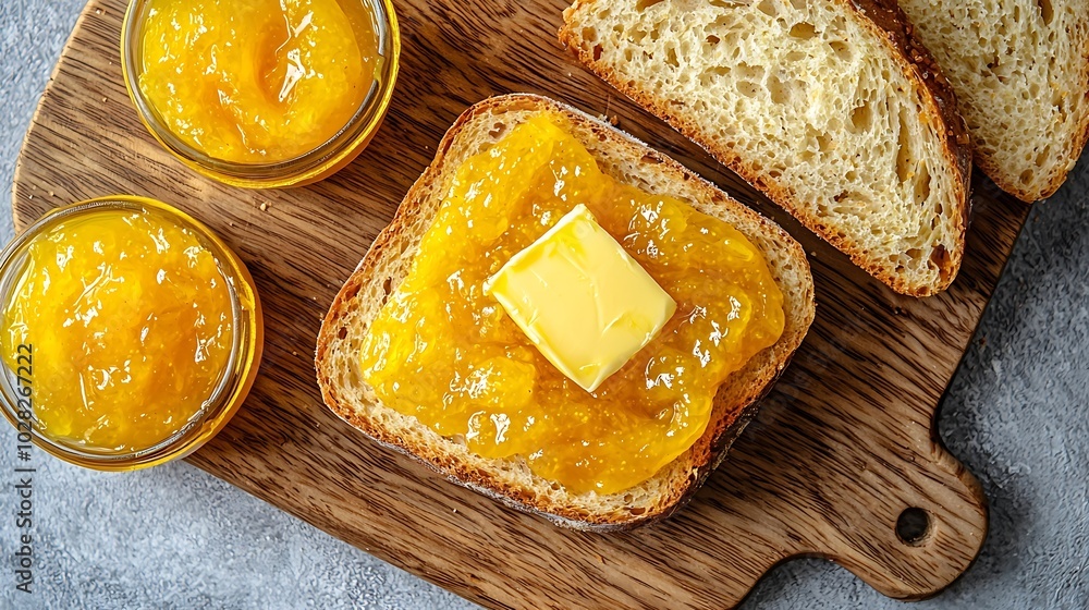 Poster sourdough bread on wooden cutting board with butter and orange jam grey background top view : genera