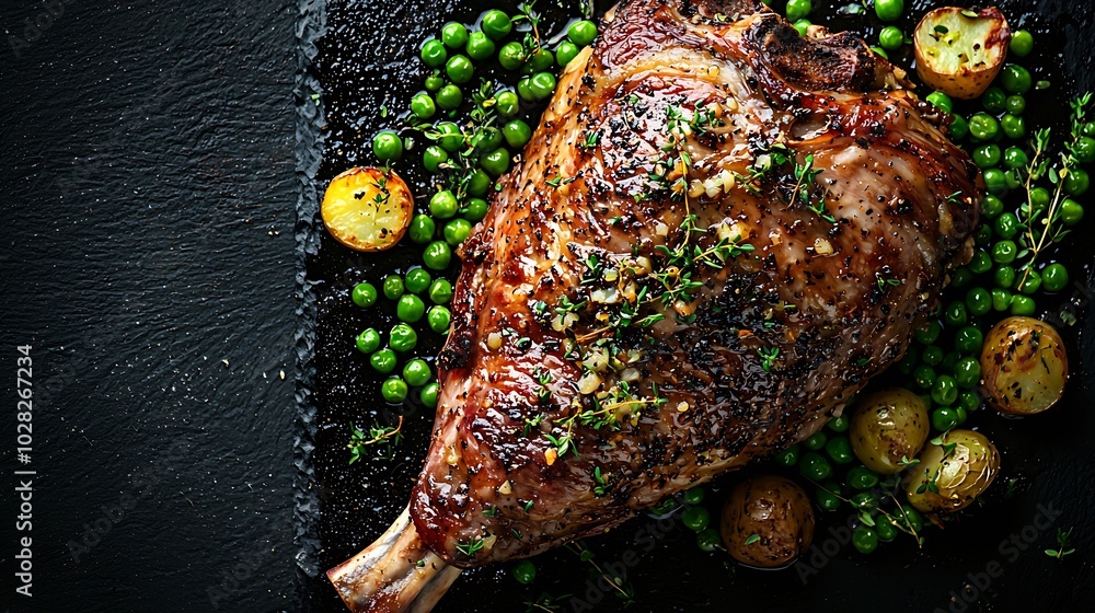 Poster roasted lamb leg with potato and green peas black background copy space top view : generative ai