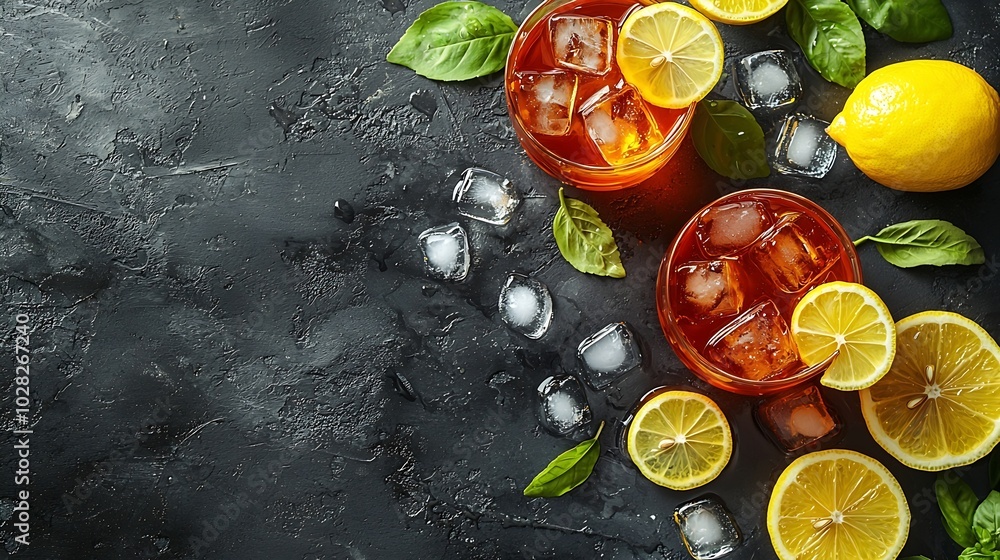 Poster ice tea with fresh lemons grey background copy space top view : generative ai