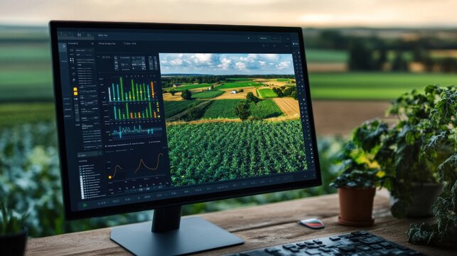 Precision agriculture data displayed on an interface, showcasing detailed crop performance metrics, soil health analysis, and weather impact, with satellite imagery and sensor data integrated