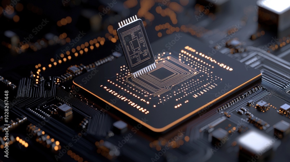 Aufkleber futuristic circuit board with glowing microchip for tech background