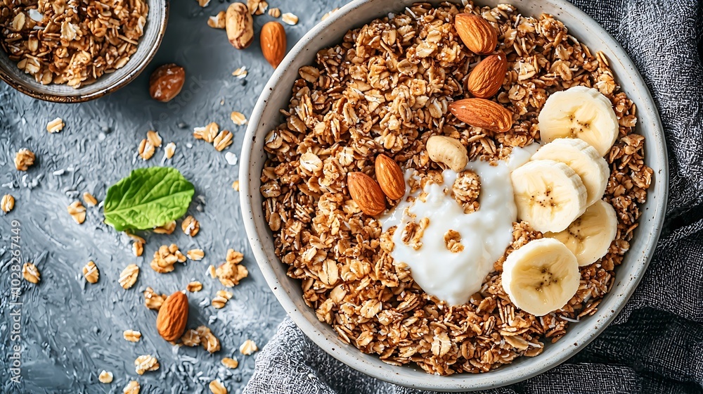 Poster healthy breakfast fresh granola muesli with coconut banana and nuts in a white bowl on grey textile 