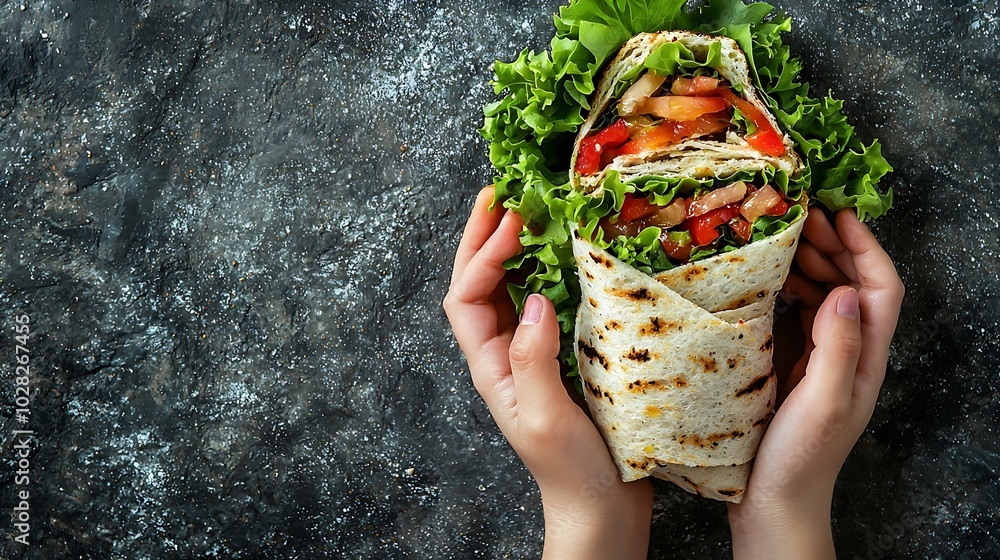 Aufkleber wrap sandwich in kids hands grey stone background top view copy space : generative ai