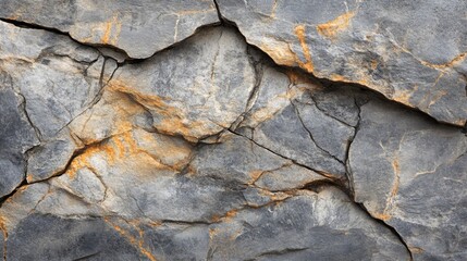 Fototapeta premium Close-up of Cracked and Weathered Gray Rock with Yellow Veins