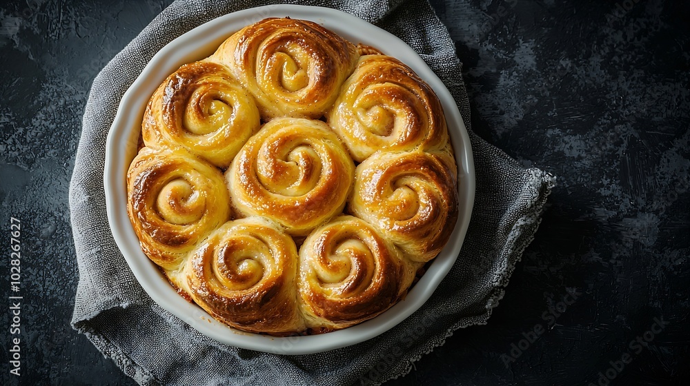 Poster cinnamon rolls buns cinnabons in baking dish grey background copy space top view : generative ai
