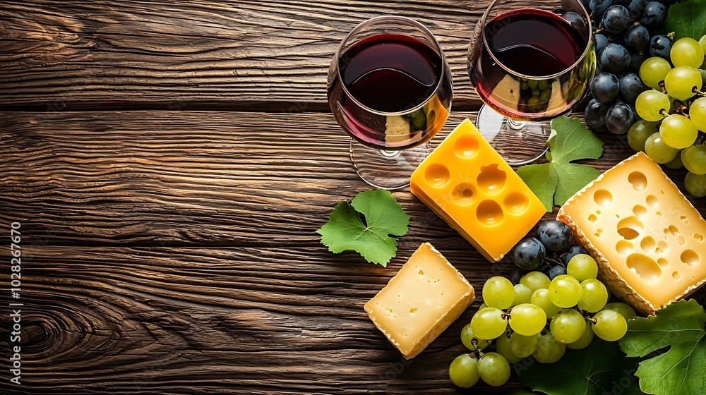 Aufkleber assortment of cheese grapes with red wine in glasses wooden background top view : generative ai