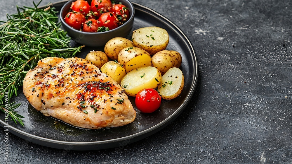 Poster roasted chicken with potatoes on dark plate grey background close up top view : generative ai