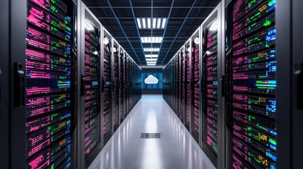 Fototapeta premium Modern Data Center Server Room with Cloud Icon