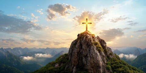 Fototapeta premium Mountaintop Cross with Golden Rays and Dramatic Clouds