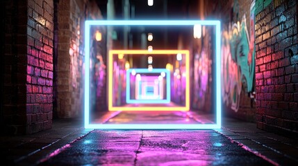 Neon Lights in Urban Alleyway with Graffiti Walls   Night Photography