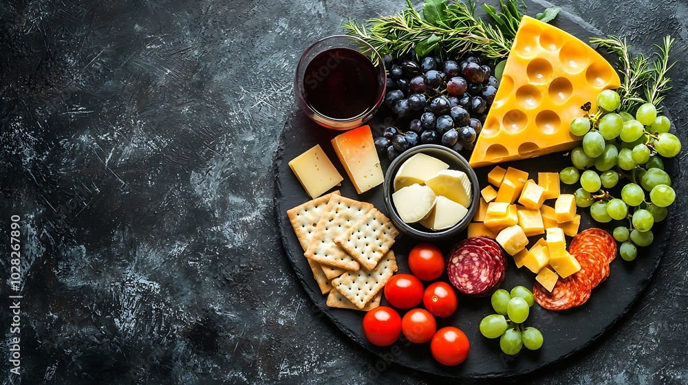 Poster cheese assortment on dark marble cutting board with red wine grey background top view : generative a
