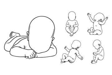 Line art illustration featuring a newborn baby with a bald head