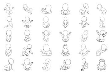 Bundle Line Art Baby New Born and Bald Head Black and White Illustration Hand Drawn Clipart
