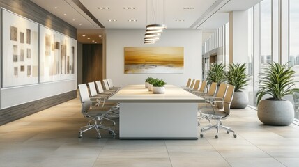 Modern conference room with a large table, chairs, and plants, designed for meetings.