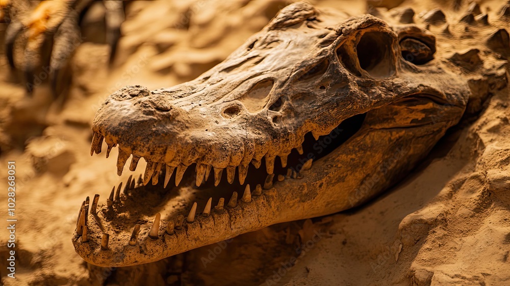Poster fossilized crocodile skull with open jaw and visible teeth