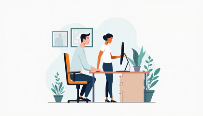 Employee at desk talking to a colleague