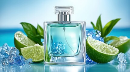Fresh Lime   Blue Perfume Bottle Mockup on Ice and Water Background