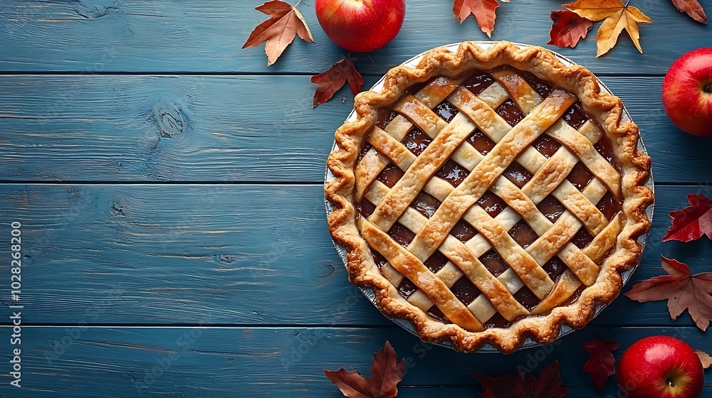 Poster apple pie with cream on a blue wooden background top view : generative ai