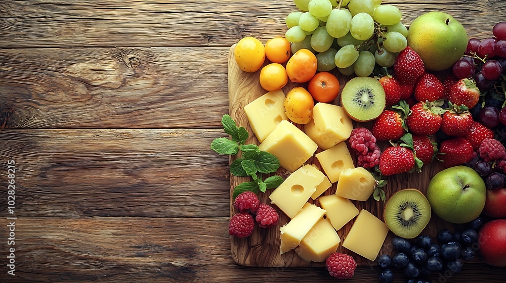Poster cheese and fruits assortment on cutting board on wooden background copy space top view : generative 