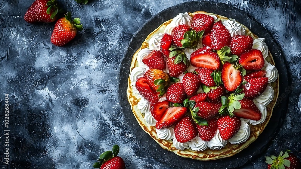Poster crepes thin pancakes with cream cheese ricotta and fresh strawberries marble background top view cop