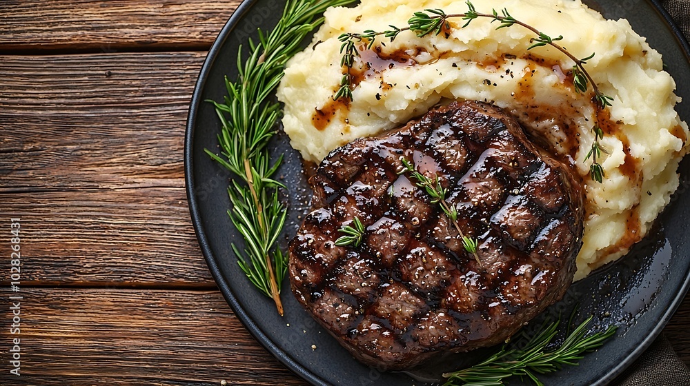 Poster beefsteak with mashed potato on a plate grey wooden background close up top view : generative ai
