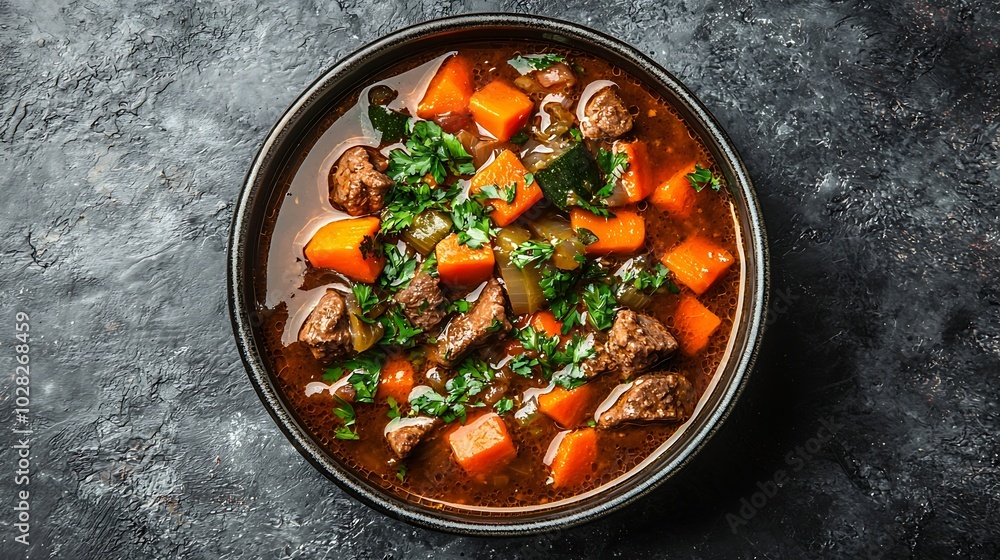 Poster Beef bourguignon stew with vegetables Grey background Top view : Generative AI