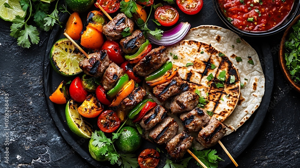 Poster grilled meat kebabs vegetables on a black plate with tortillas flat bread slate background copy spac