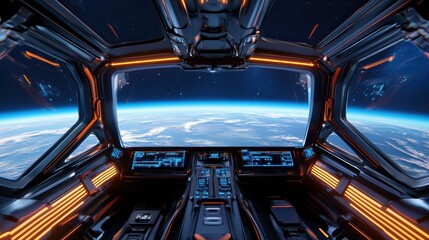 Futuristic Spacecraft Cockpit with Earth View