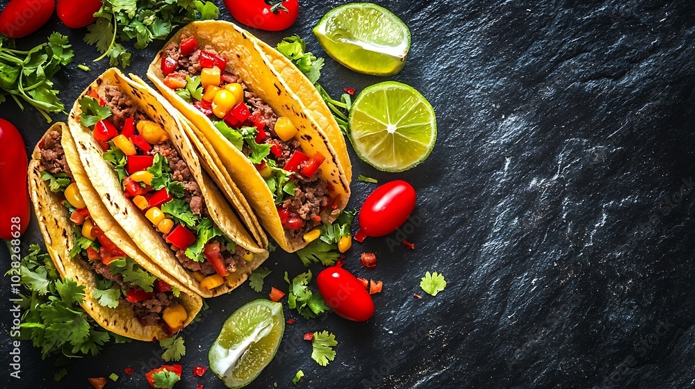 Aufkleber taco with meat and vegetables dark background copy space top view : generative ai