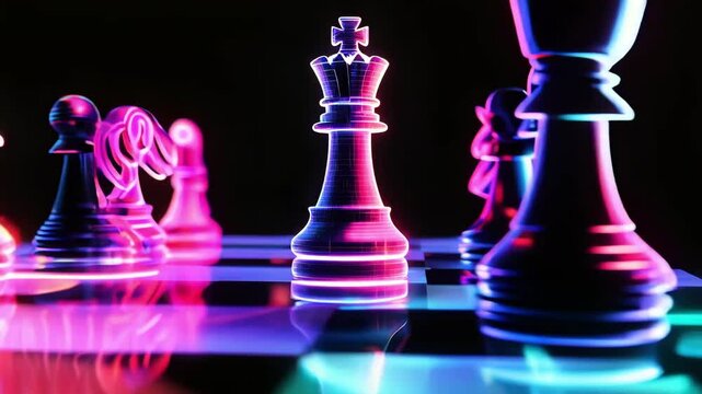 Futuristic Hologram Chess Pieces Moving on a Chessboard with Dramatic Lighting, Master Plan Strategy, 4K Video Footage