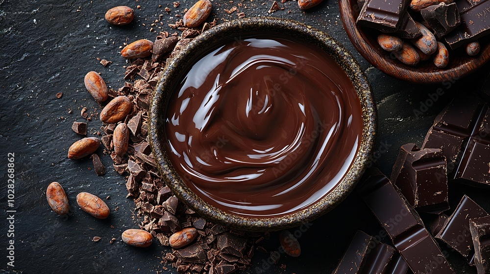 Poster bowl of melted chocolate on a crushed raw cocoa beans nibs background copy space top view : generati