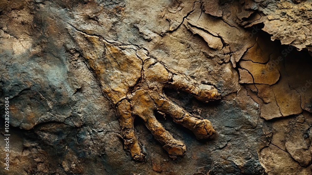 Poster fossilized handprint embedded in cracked earth