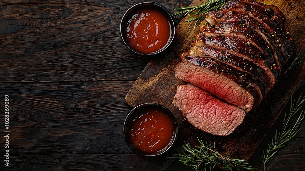 Poster roast beef on cutting board wooden background top view : generative ai