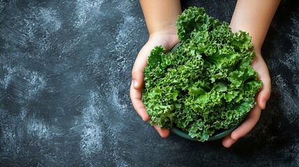Kale salad leaf in kids hands Grey background Copy space : Generative AI