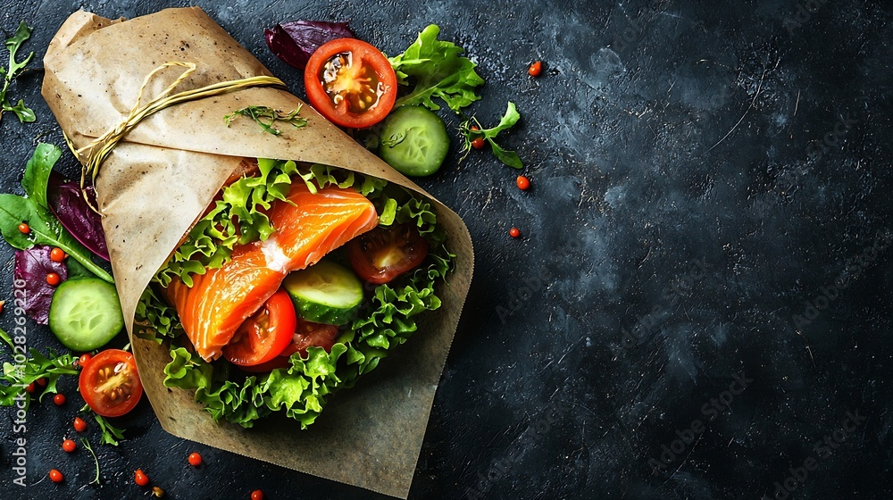 Poster wrap sandwich roll with fish salmon and vegetables grey background copy space top view : generative 